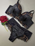 Women Black Floral Print Lace Detail Bikini Lingerie Se