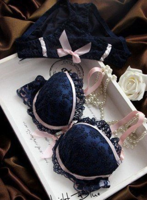 Bra & Panty Set Self Design Dark Blue Lingerie Set